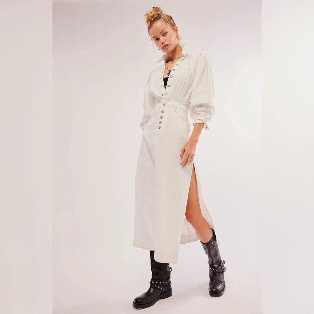 Free People Mad Love Denim Midi Dress L 10 Women's Casual Long Sleeve NEW 44611